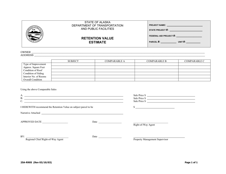 Form 25A-R905 Retention Value Estimate - Alaska, Page 1