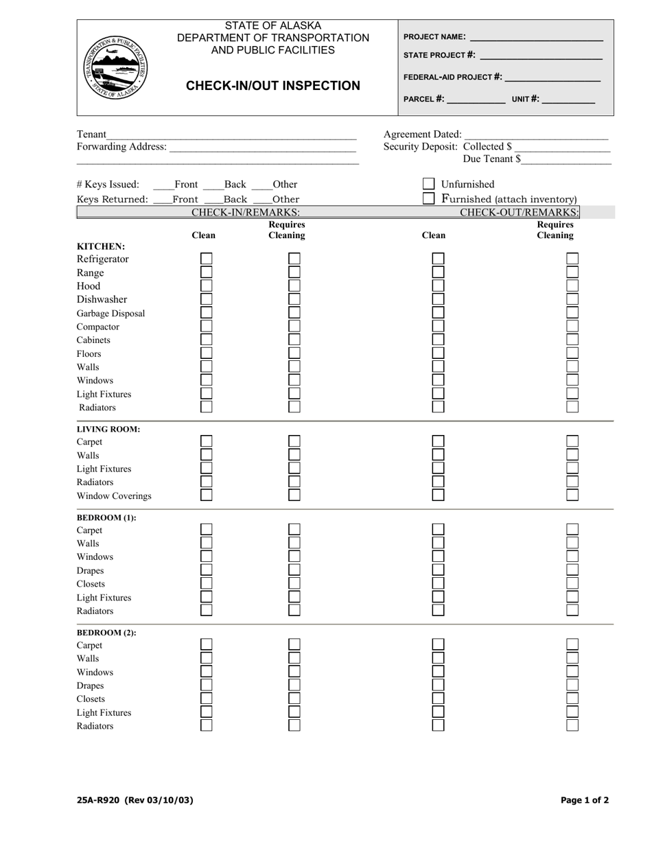 Form 25A-R920 Check-In / Out Inspection - Alaska, Page 1