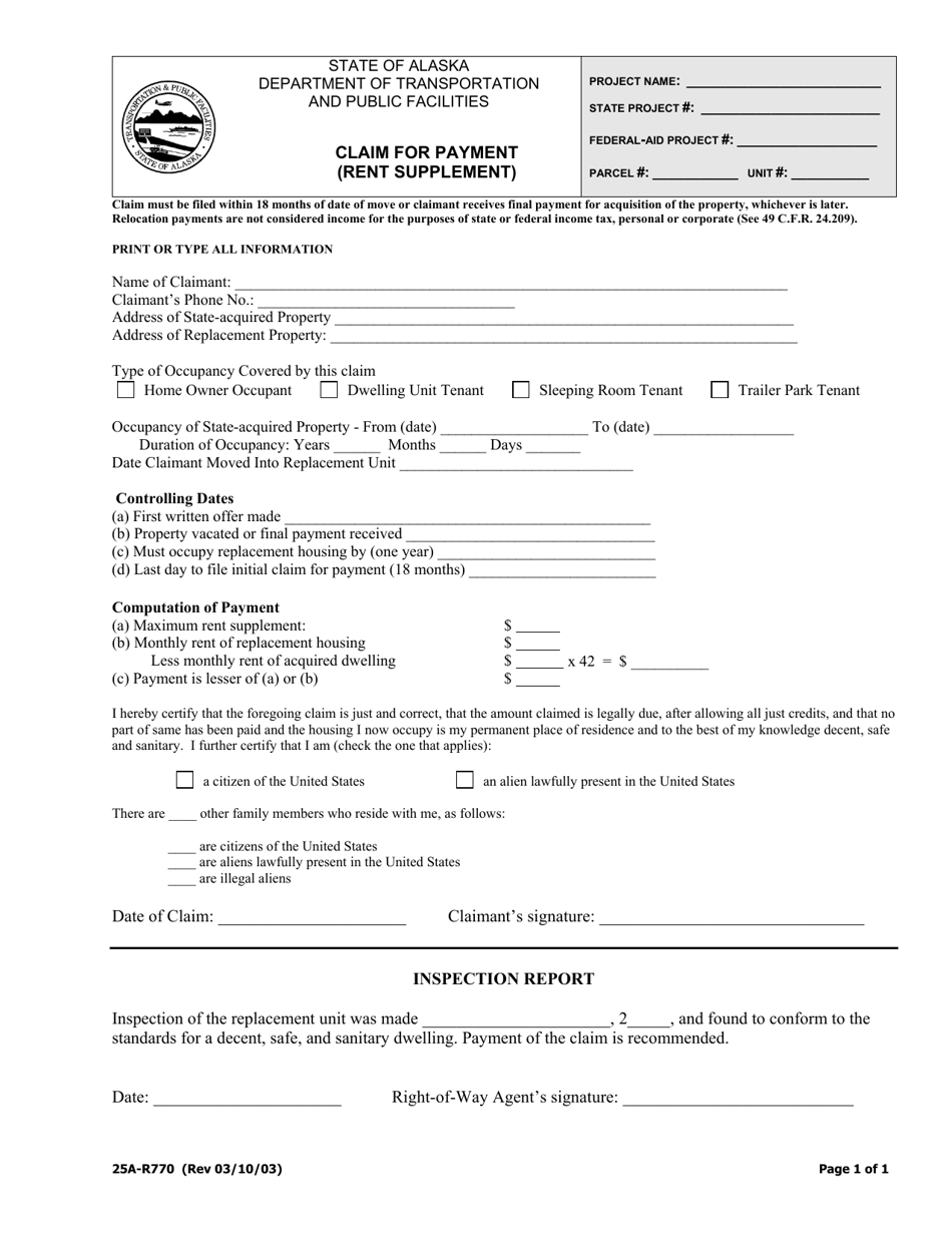 Form 25A-R770 Claim for Payment (Rent Supplement) - Alaska, Page 1