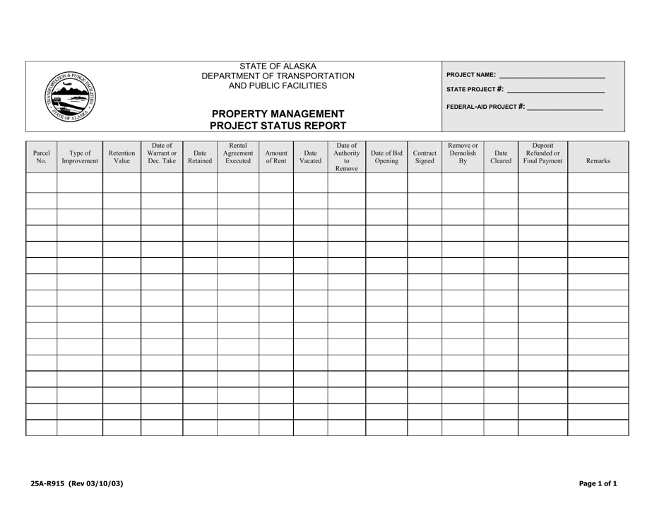 Form 25A-R915 Property Management Project Status Report - Alaska, Page 1
