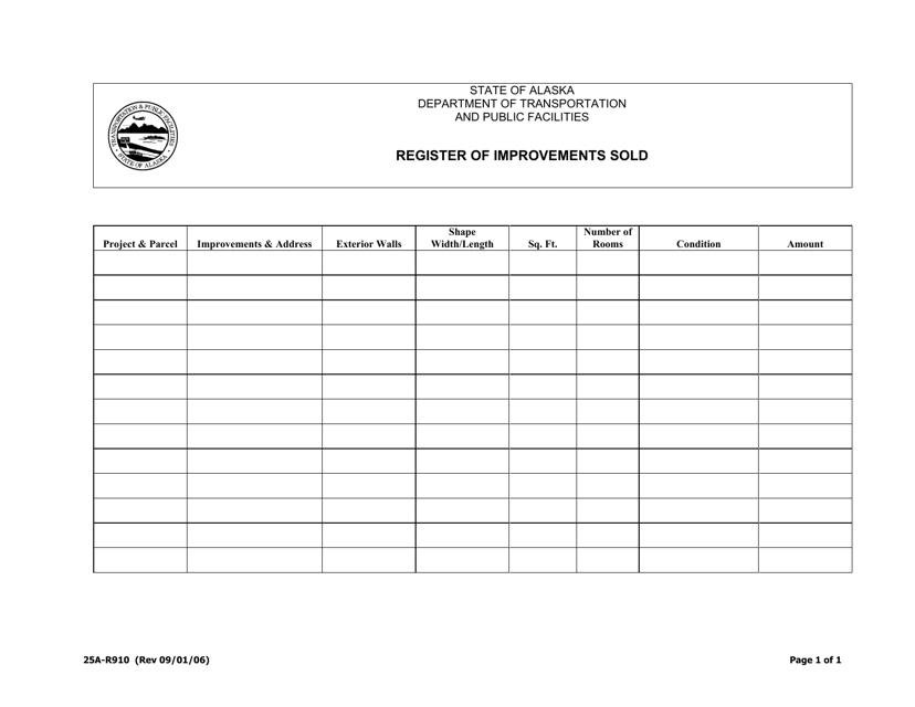 Form 25A-R910 Register of Improvements Sold - Alaska