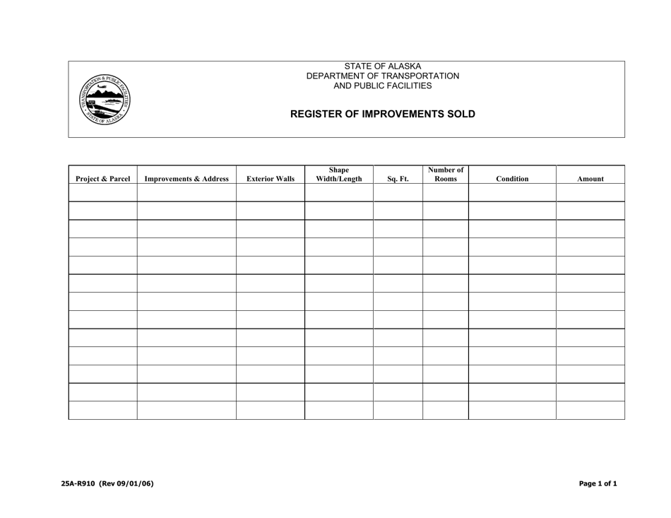 Form 25A-R910 Register of Improvements Sold - Alaska, Page 1