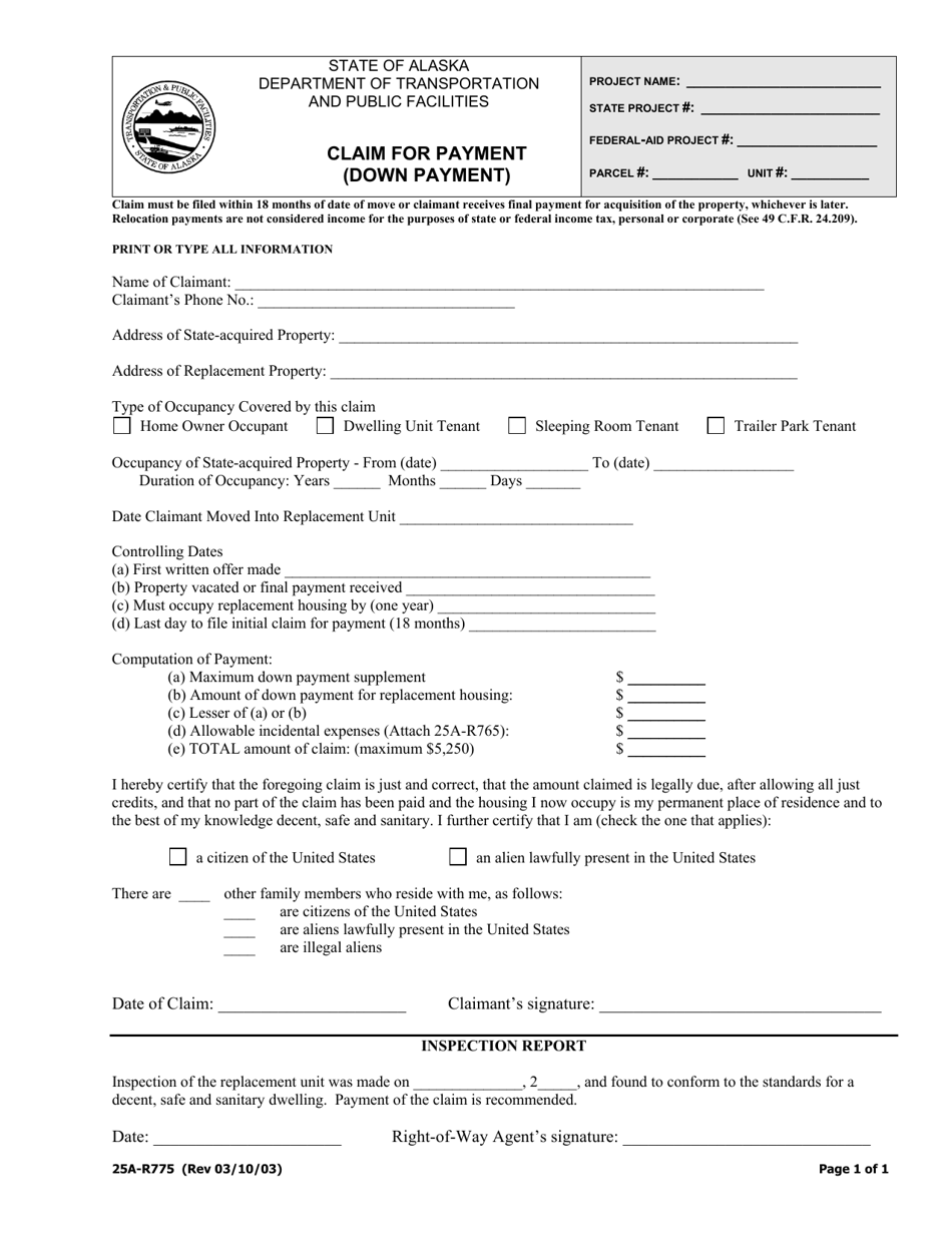 Form 25A-R775 Claim for Payment (Down Payment) - Alaska, Page 1