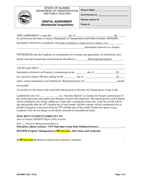 Form 25A-R950 Rental Agreement (Residential Acquisition) - Alaska
