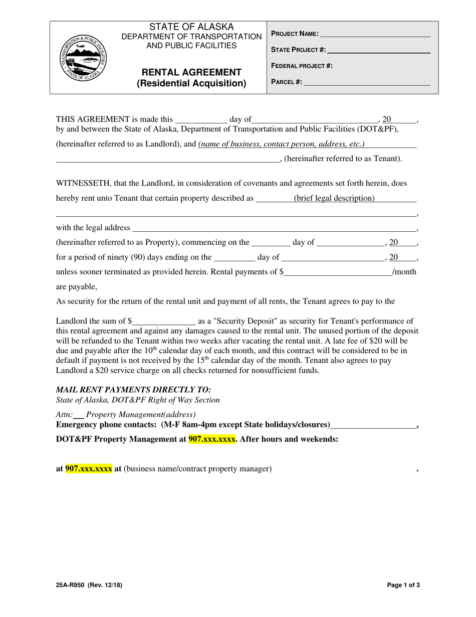 Form 25A-R950 Rental Agreement (Residential Acquisition) - Alaska, Page 1