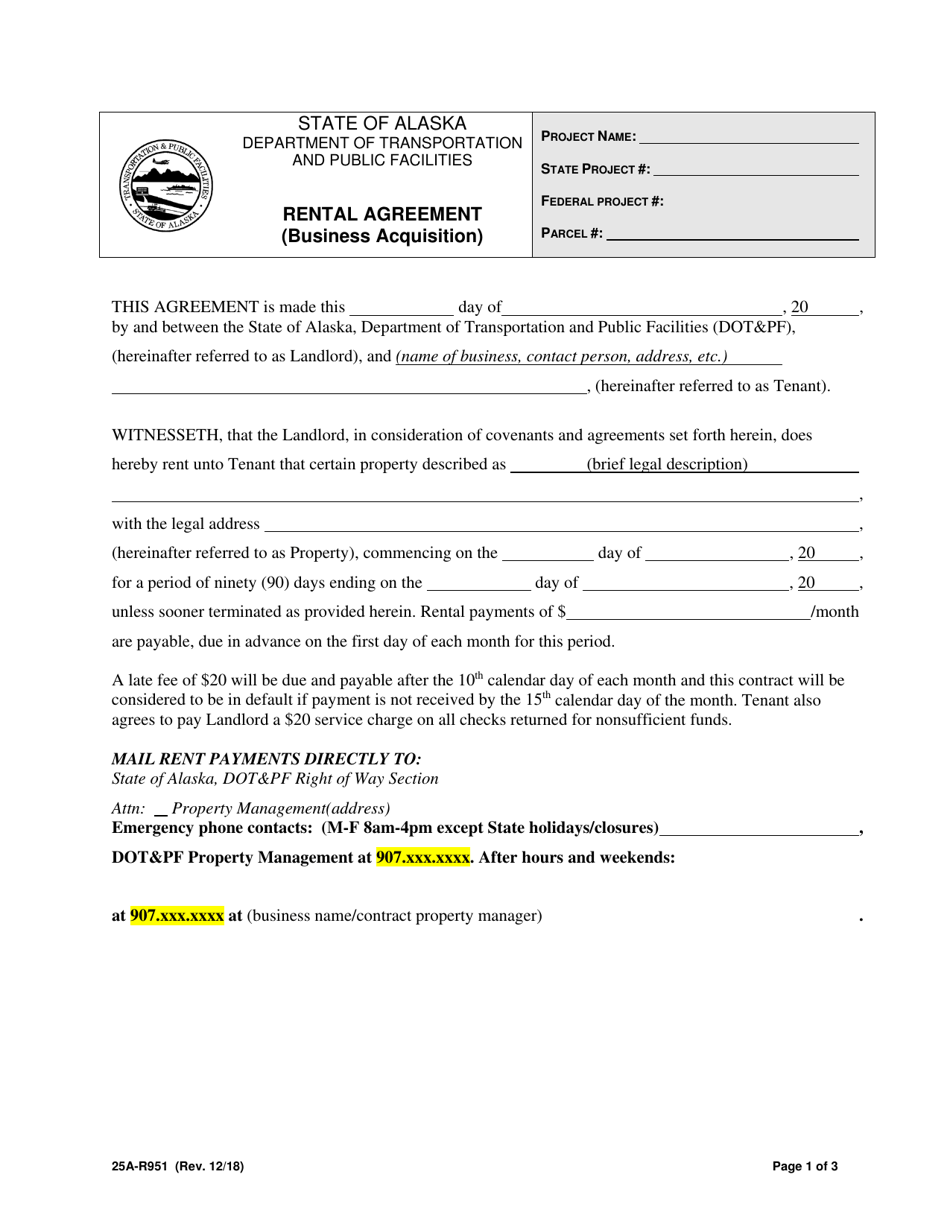 Form 25A-R951 Rental Agreement (Business Acquisition) - Alaska, Page 1