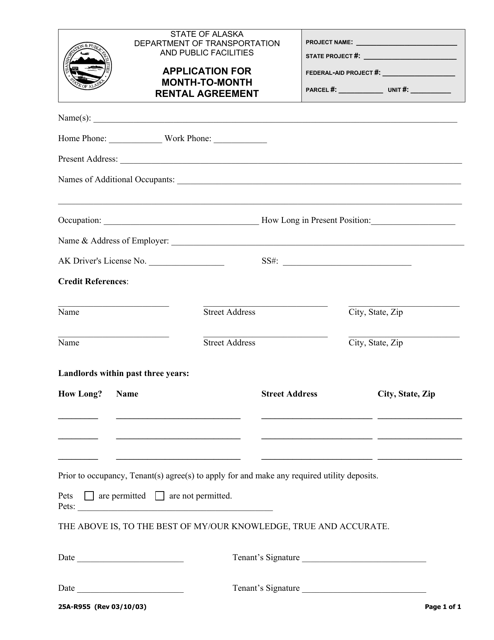 Form 25A-R955 Application for Month-To-Month Rental Agreement - Alaska