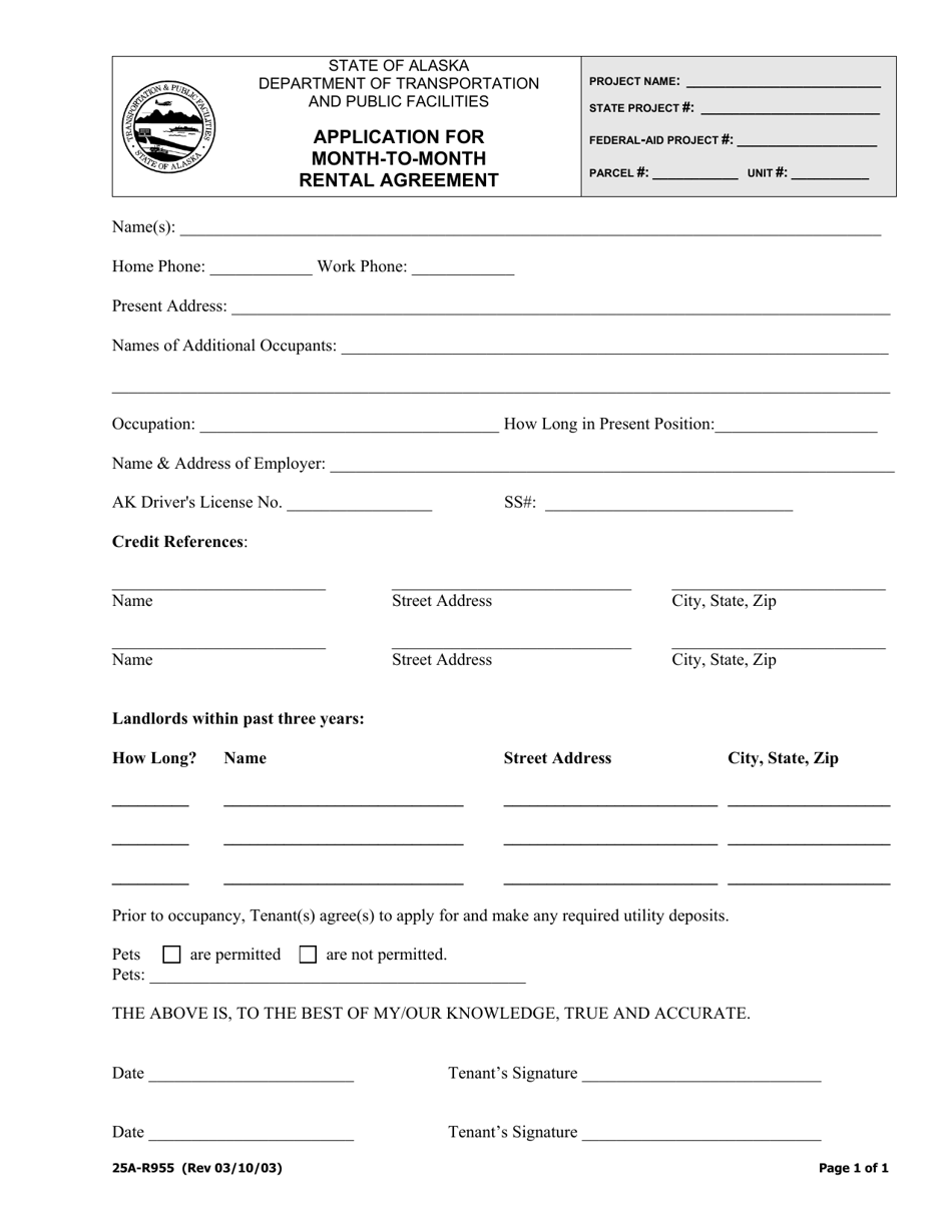 Form 25A-R955 Application for Month-To-Month Rental Agreement - Alaska, Page 1