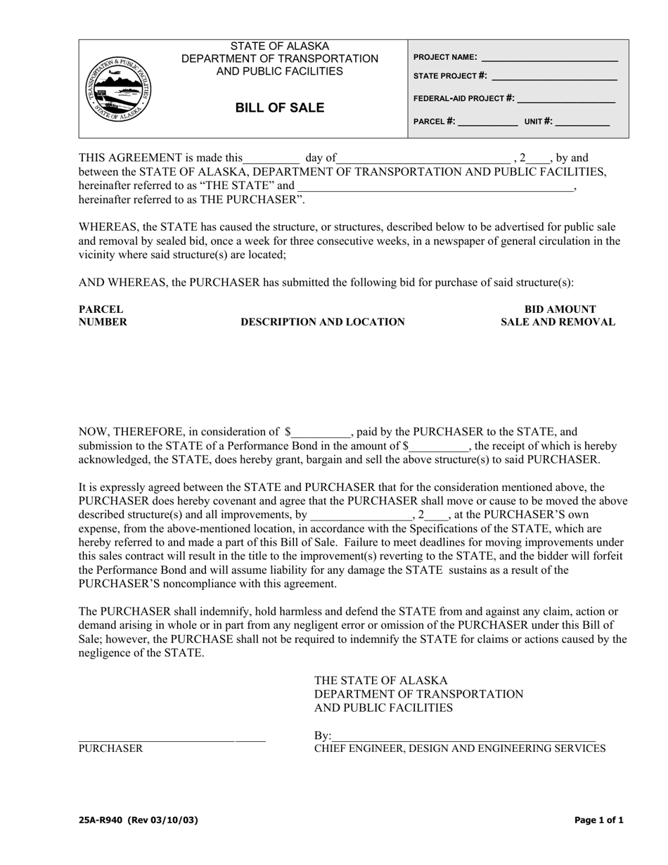 Form 25A-R940 Bill of Sale - Alaska, Page 1