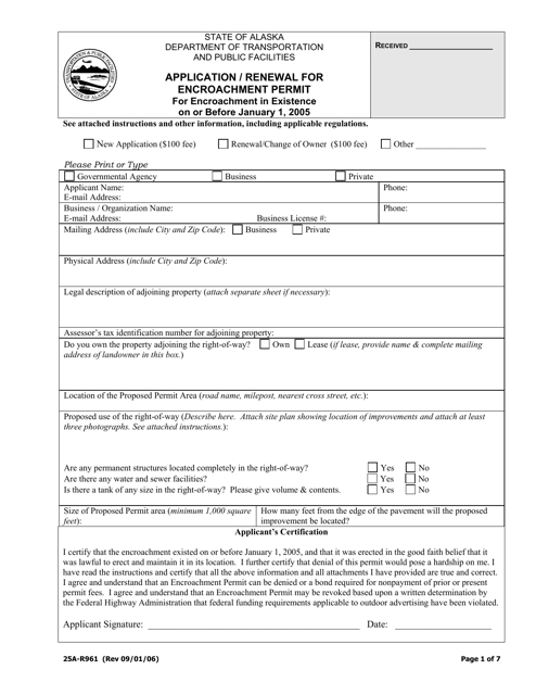 Form 25A-R961 Application for Encroachment Permit for Encroachment in Existence on or Before January 1, 2005 - Alaska