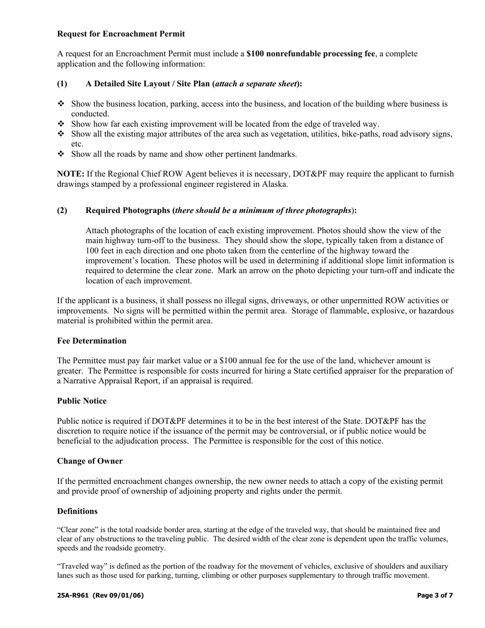 Form 25A-R961 Application for Encroachment Permit for Encroachment in Existence on or Before January 1, 2005 - Alaska, Page 3
