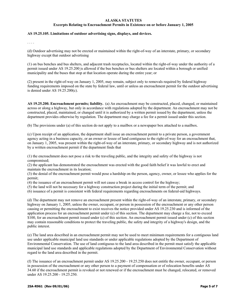 Form 25A-R961 Application for Encroachment Permit for Encroachment in Existence on or Before January 1, 2005 - Alaska, Page 5