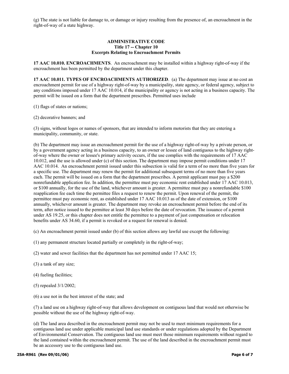 Form 25A-R961 Application for Encroachment Permit for Encroachment in Existence on or Before January 1, 2005 - Alaska, Page 6