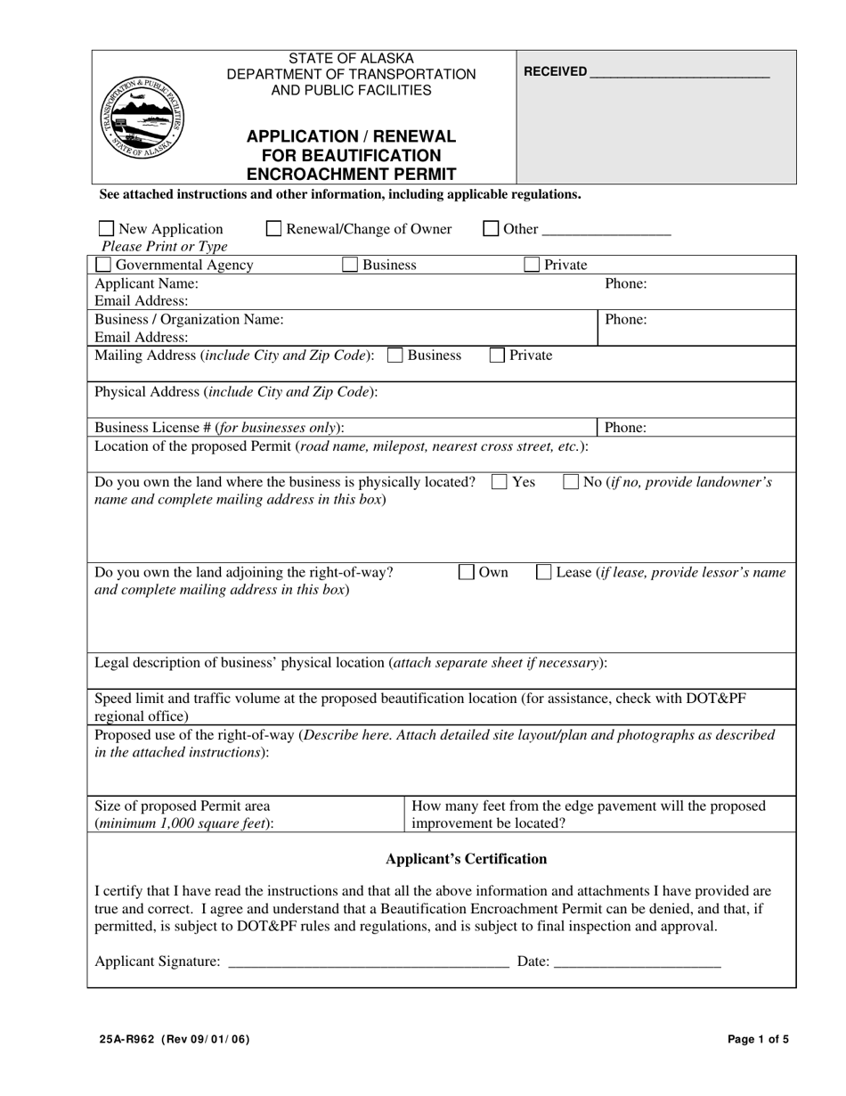 Form 25A-R962 Application / Renewal for Beautification Encroachment Permit - Alaska, Page 1