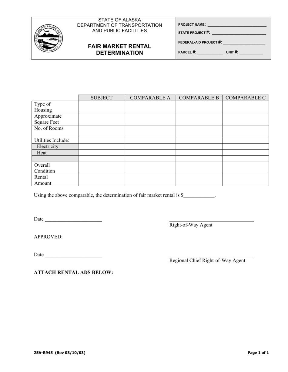 Form 25A-R945 Fair Market Rental Determination - Alaska, Page 1
