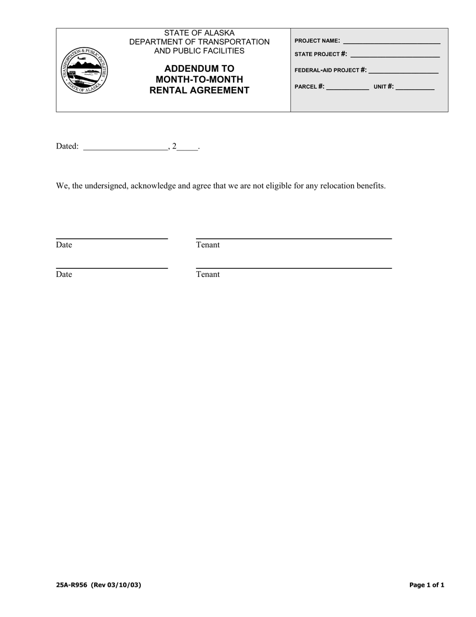 Form 25A-R956 Addendum to Month-To-Month Rental Agreement - Alaska, Page 1