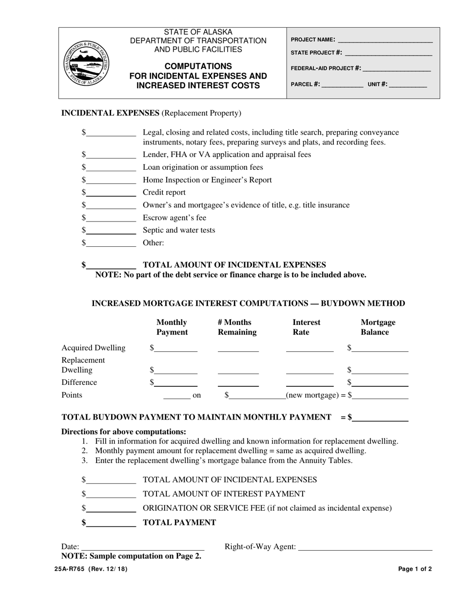 Form 25A-R765 Computations for Incidental Expenses and Increased Interest Costs - Alaska, Page 1