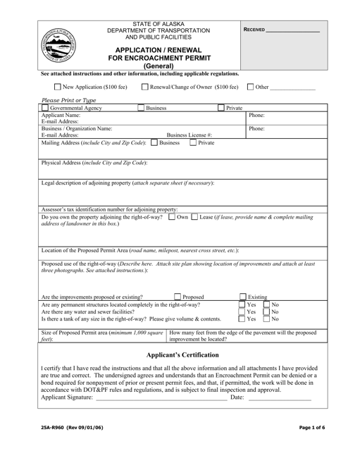 Form 25A-R960 Application/Renewal for Encroachment Permit (General) - Alaska