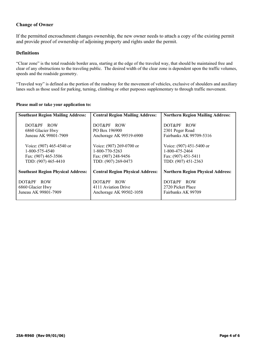 Form 25A-R960 Application / Renewal for Encroachment Permit (General) - Alaska, Page 4