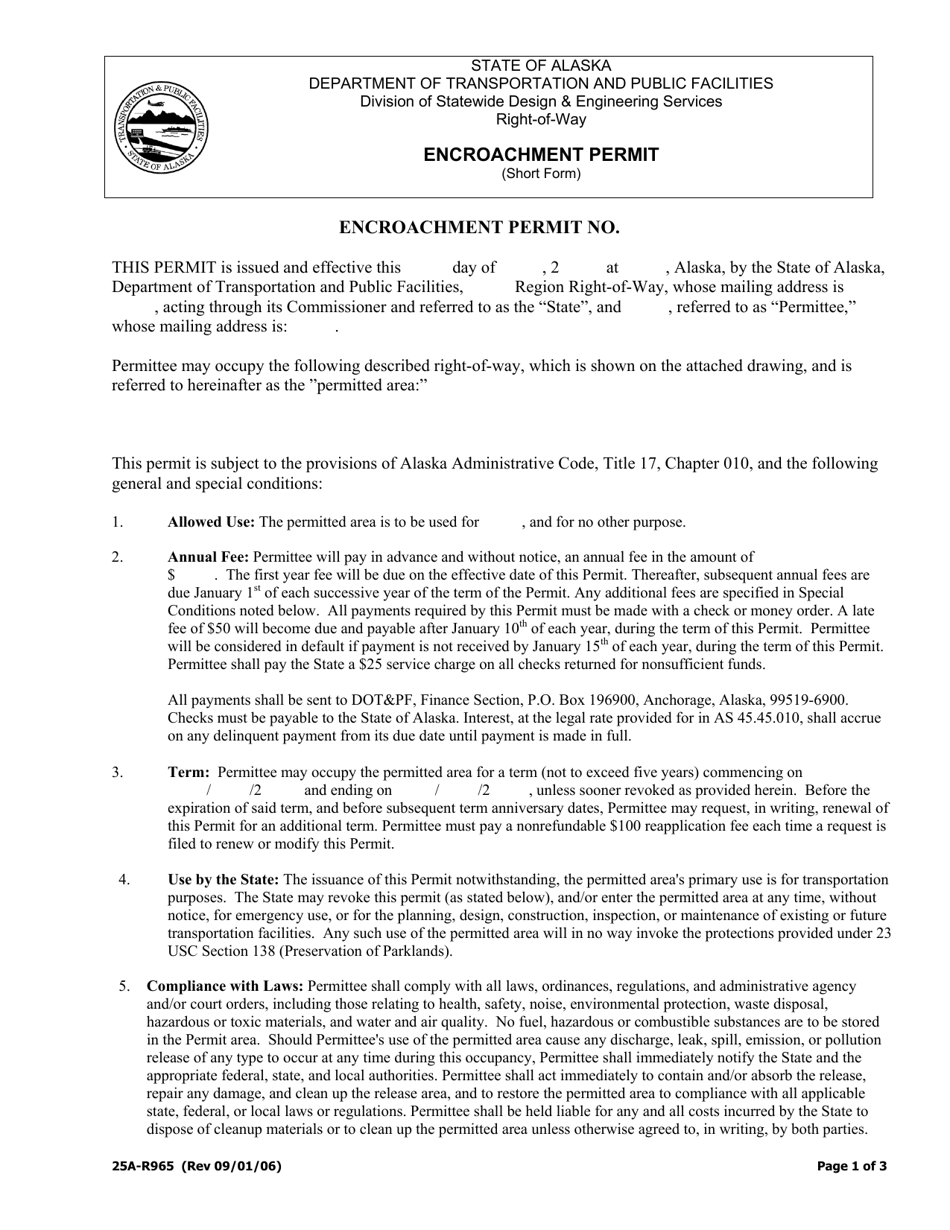 Form 25A-R965 Encroachment Permit (Short Form) - Alaska, Page 1