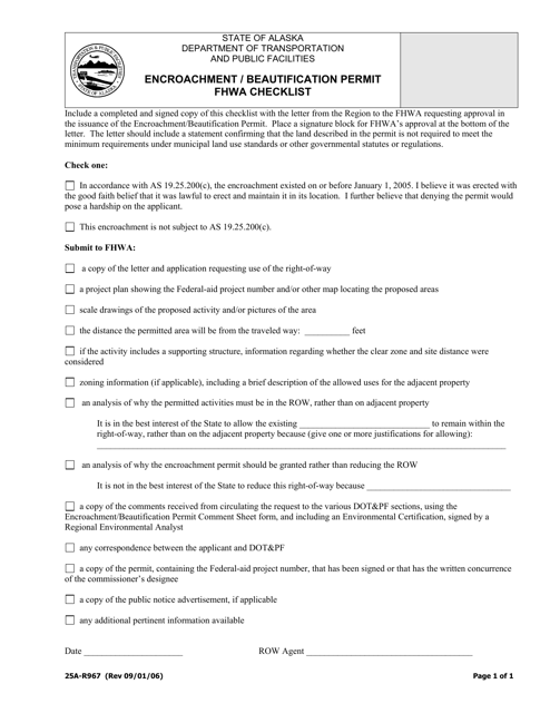Form 25A-R967 Encroachment/Beautification Permit Fhwa Checklist - Alaska