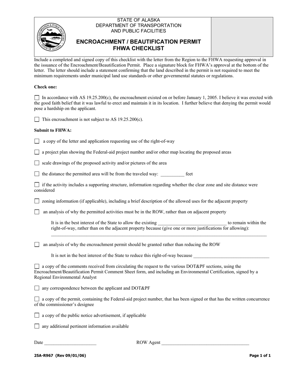 Form 25A-R967 Encroachment / Beautification Permit Fhwa Checklist - Alaska, Page 1