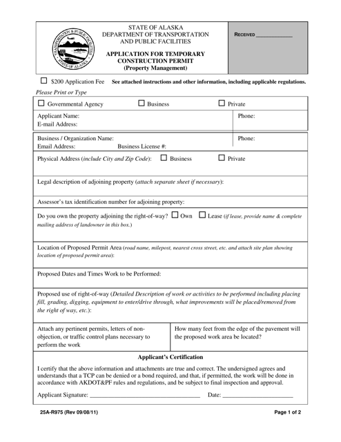 Form 25A-R975 Application for Temporary Construction Permit (Property Management) - Alaska