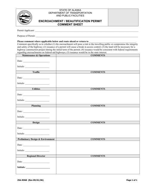 Form 25A-R968 Encroachment/Beautification Permit Comment Sheet - Alaska
