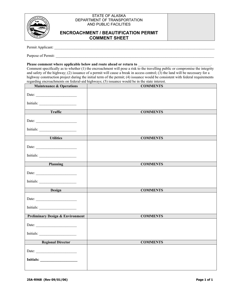 Form 25A-R968 Encroachment / Beautification Permit Comment Sheet - Alaska, Page 1