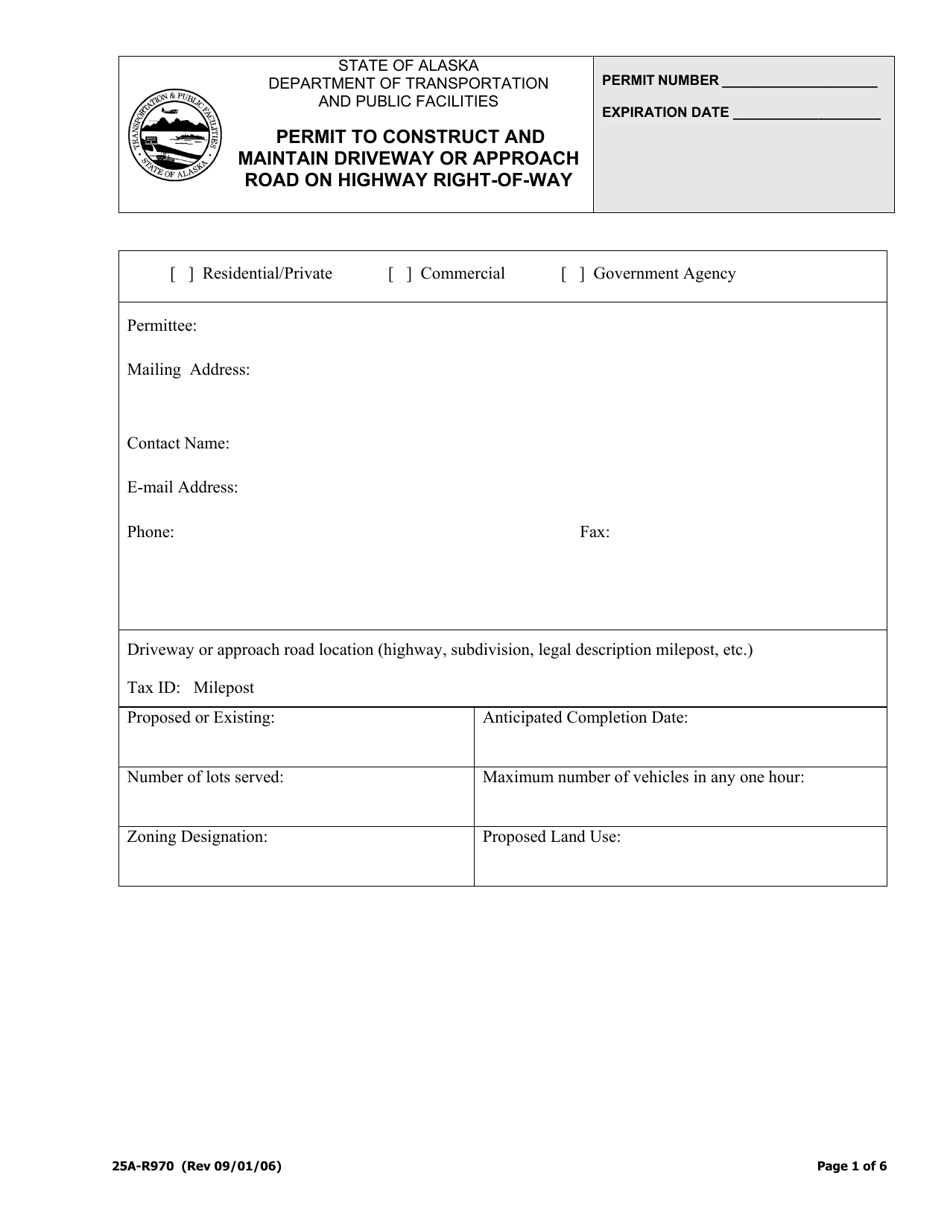 Form 25A-R970 Permit to Construct and Maintain a Driveway or Approach Road on Highway Right-Of-Way - Alaska, Page 1