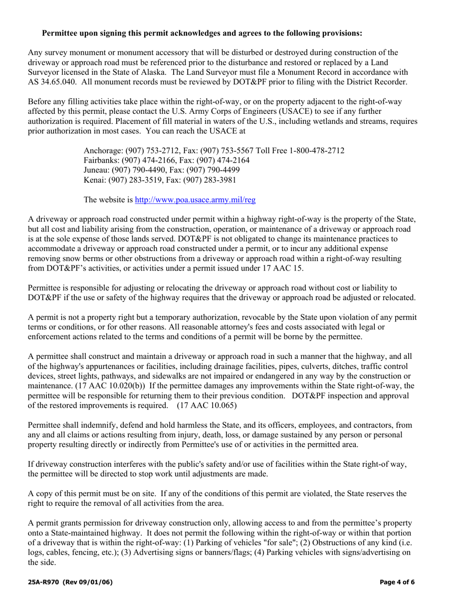 Form 25A-R970 Permit to Construct and Maintain a Driveway or Approach Road on Highway Right-Of-Way - Alaska, Page 4