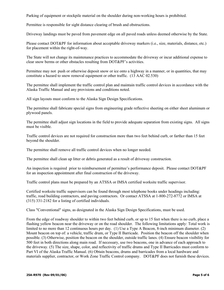 Form 25A-R970 Permit to Construct and Maintain a Driveway or Approach Road on Highway Right-Of-Way - Alaska, Page 5