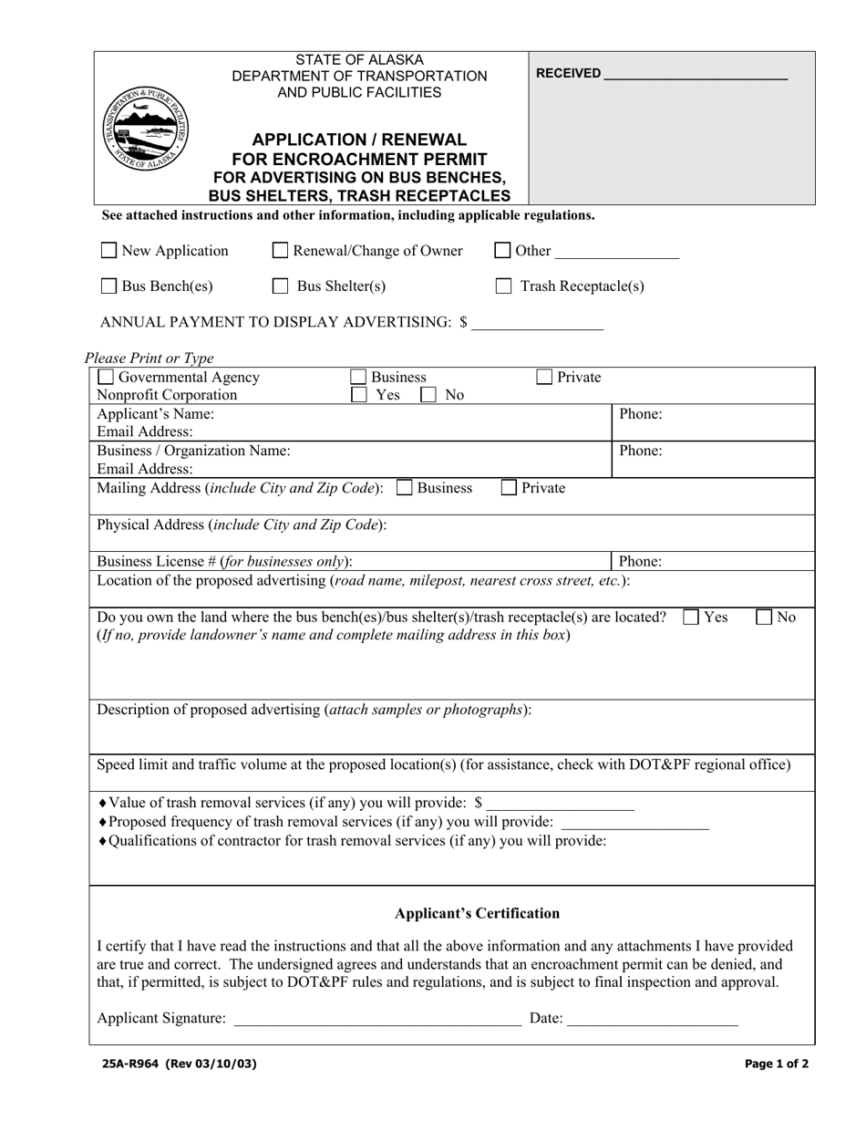 Form 25A-R964 Application / Renewal for Encroachment Permit for Advertising on Bus Benches, Bus Shelters, and Trash Receptacles - Alaska, Page 1