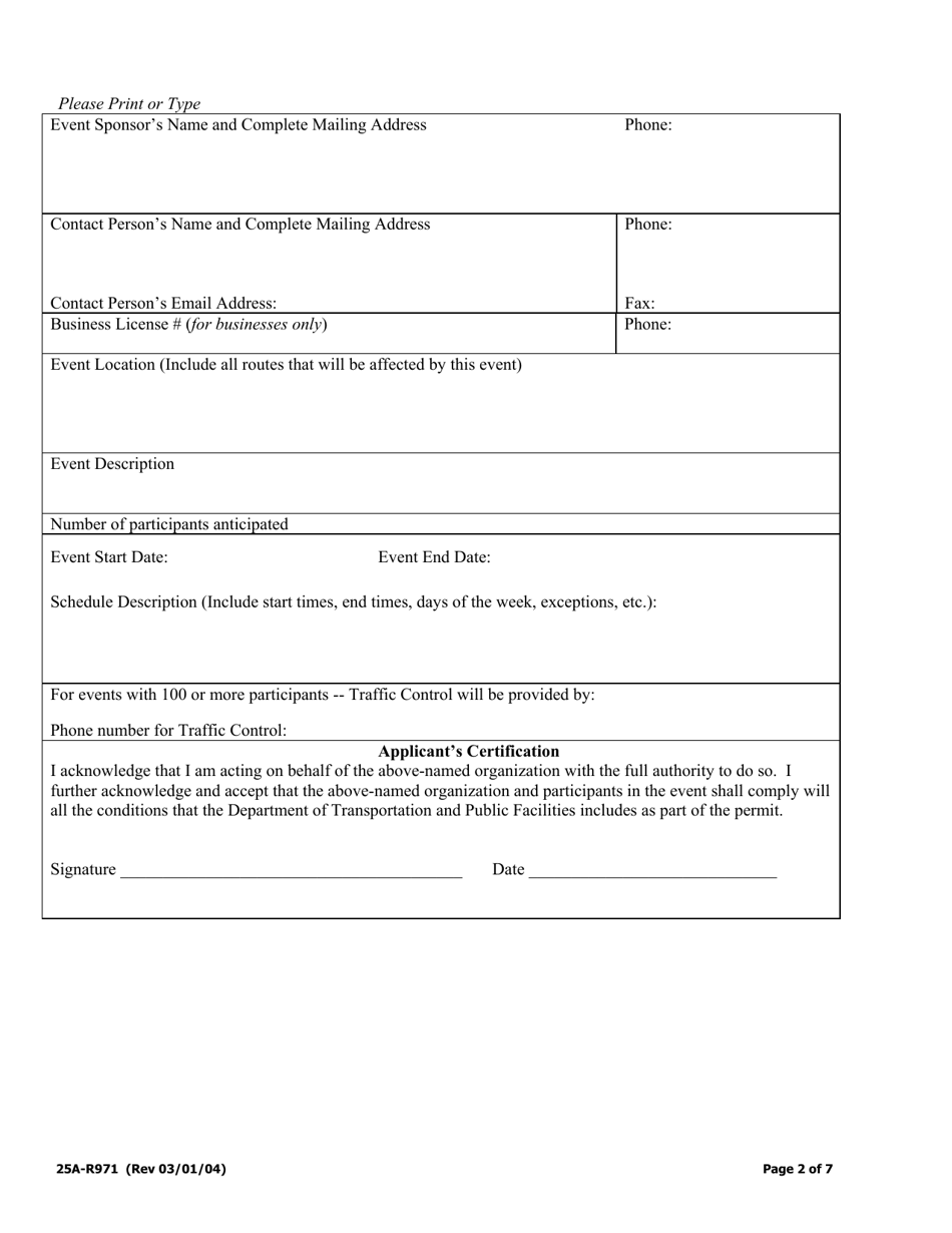 Form 25A-R971 Application for Highway Event Permit - Alaska, Page 2