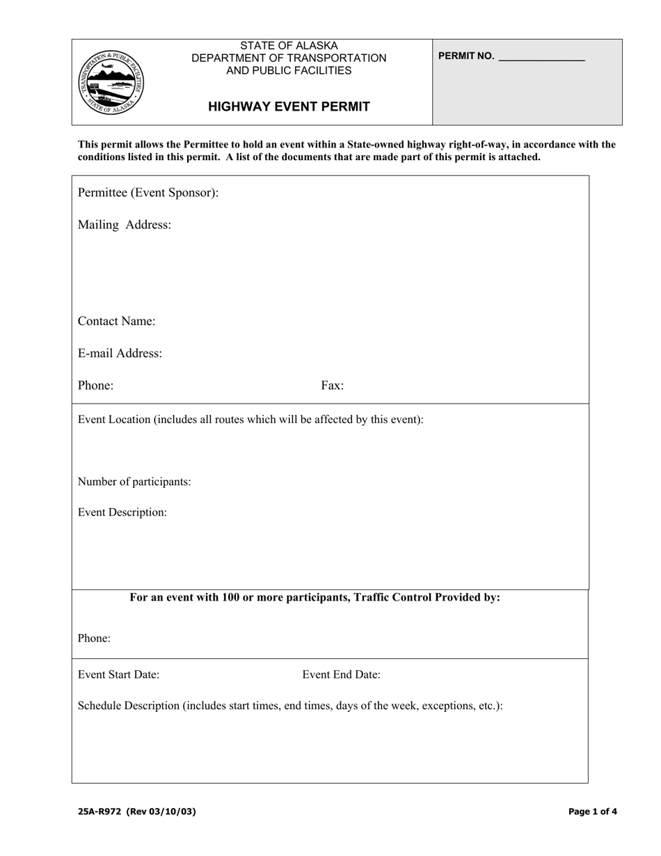 Form 25A-R972 Highway Event Permit - Alaska, Page 1