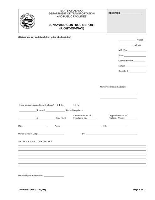 Form 25A-R990 Junkyard Control Report (Right-Of-Way) - Alaska