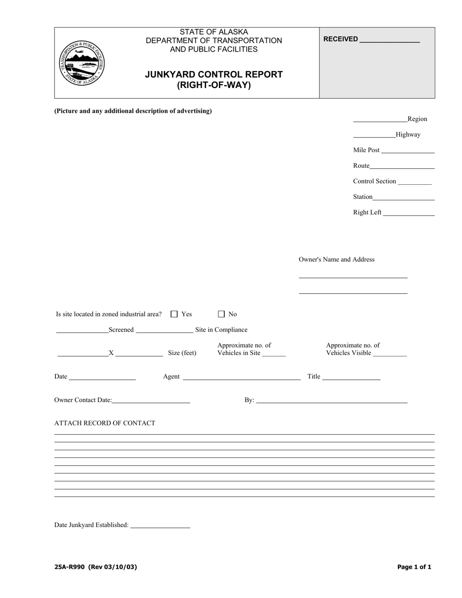 Form 25A-R990 Junkyard Control Report (Right-Of-Way) - Alaska, Page 1
