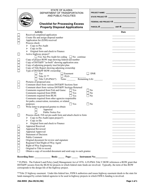 Form 25A-R993 Checklist for Processing Excess Property Disposal Applications - Alaska