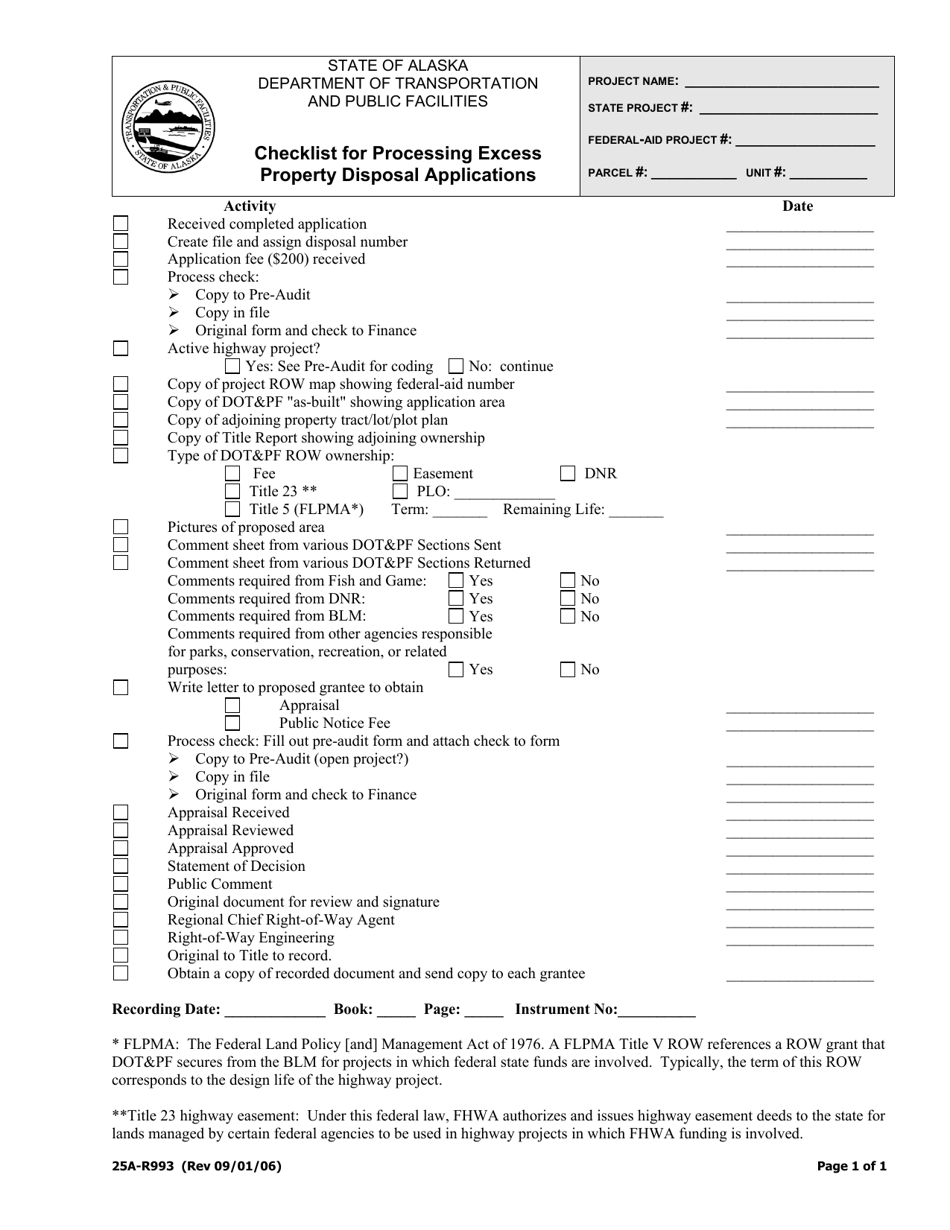 Form 25A-R993 Checklist for Processing Excess Property Disposal Applications - Alaska, Page 1