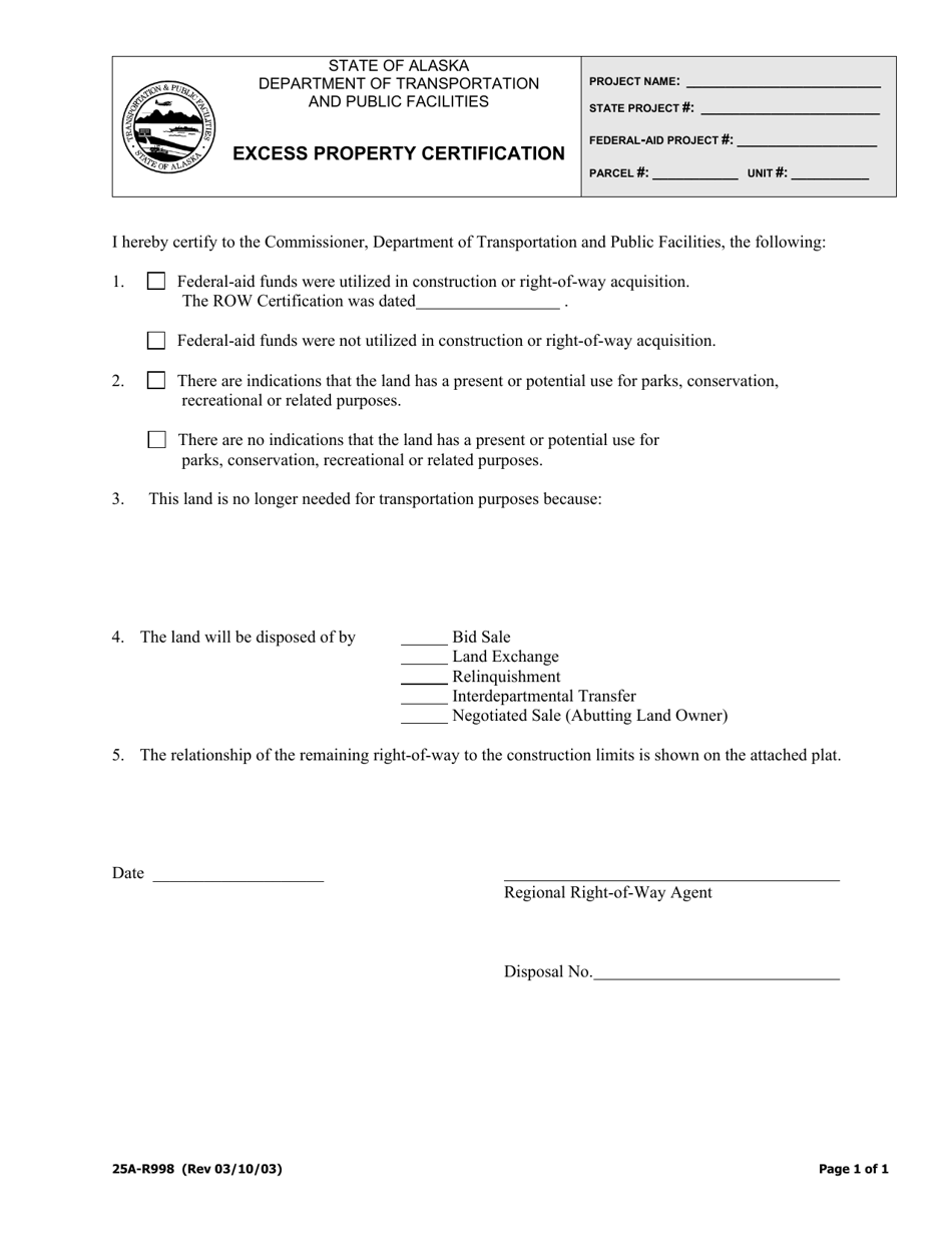 Form 25A-R998 Excess Property Certification - Alaska, Page 1