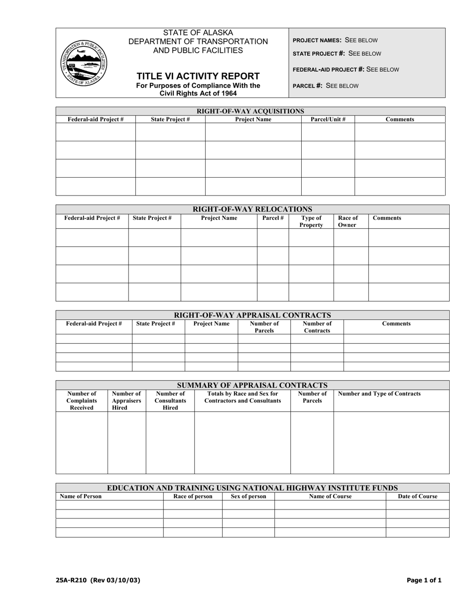 Form 25A-R210 Title VI Activity Report - Alaska, Page 1