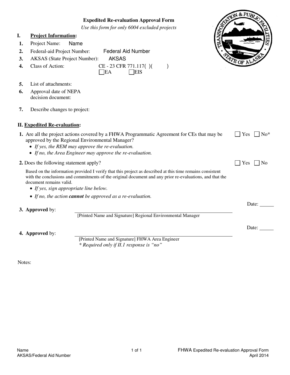 Fhwa Expedited Re-evaluation Approval Form - Alaska, Page 1