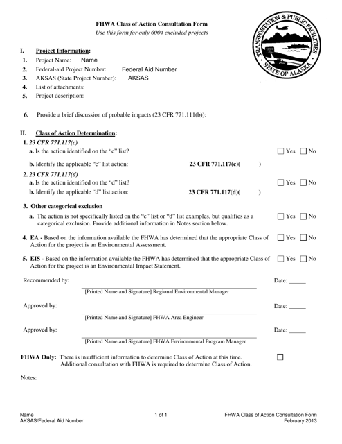 Fhwa Class of Action Consultation Form - Alaska