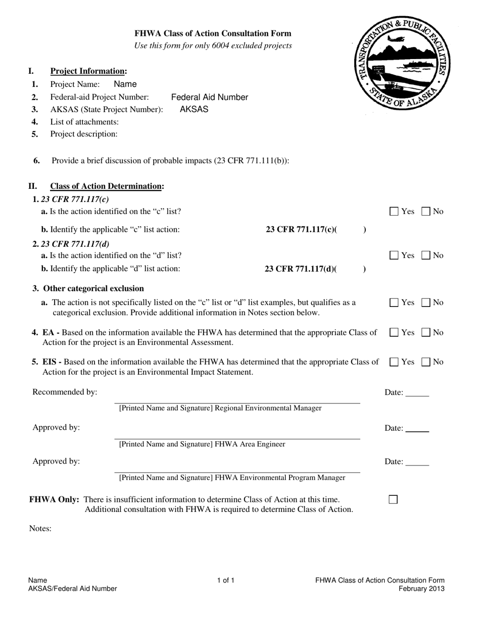 Fhwa Class of Action Consultation Form - Alaska, Page 1