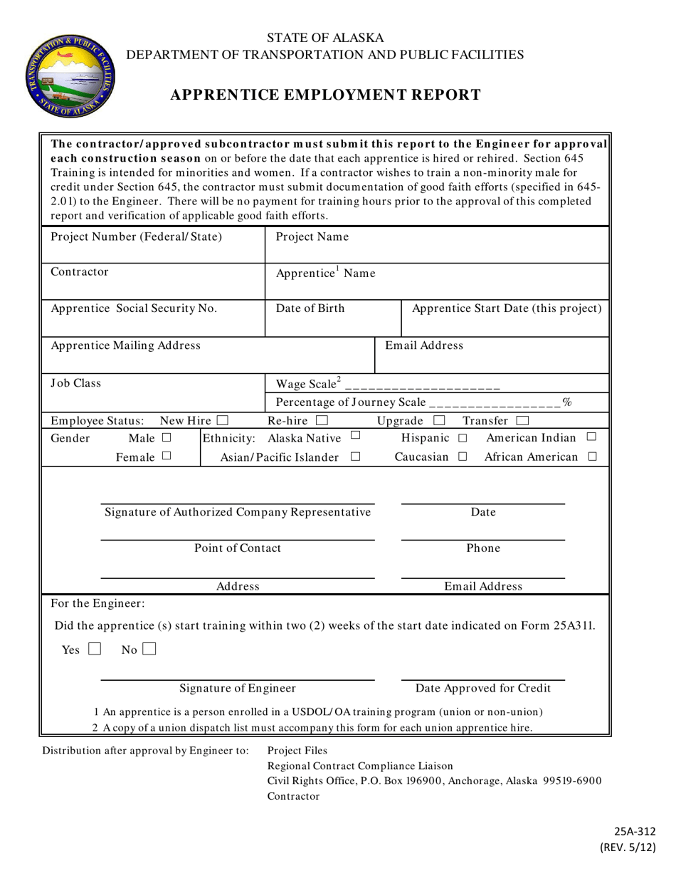 Form 25A-312 Apprentice Employment Report - Alaska, Page 1