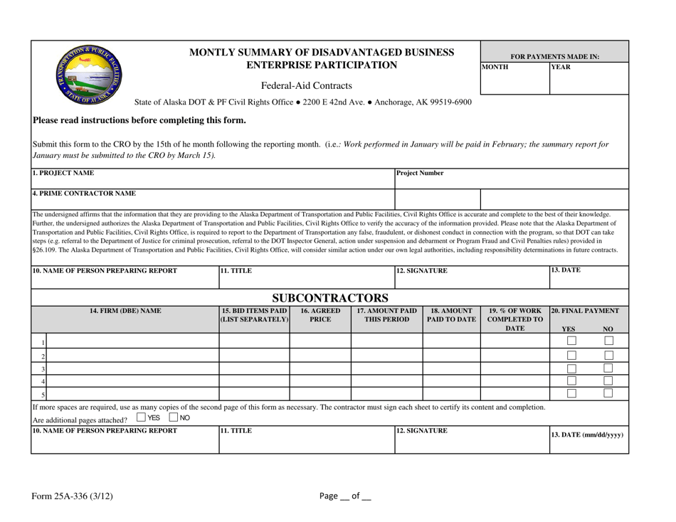 Form 25A-336 Monthly Summary of Disadvantaged Business Enterprise Participation - Alaska, Page 1