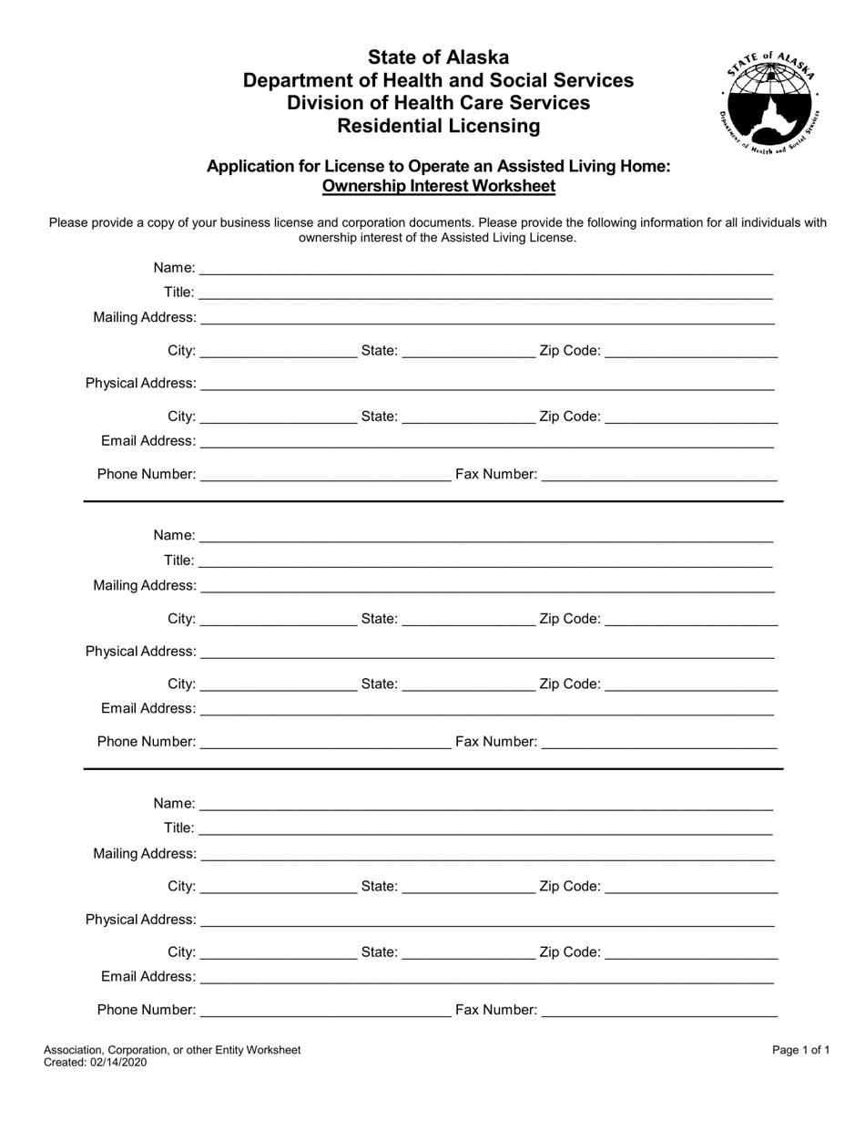 Application for License to Operate an Assisted Living Home: Ownership Interest Worksheet - Alaska, Page 1