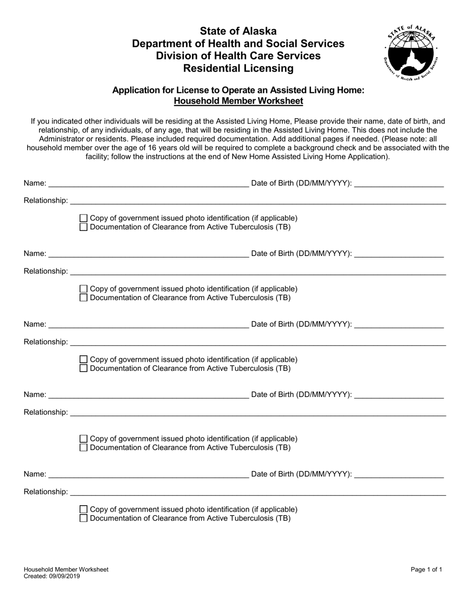Application for License to Operate an Assisted Living Home: Household Member Worksheet - Alaska, Page 1