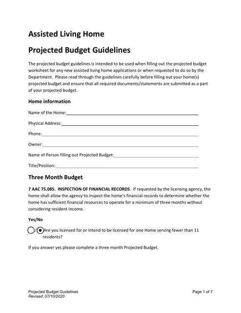 Assisted Living Home Projected Budget Guidelines - Alaska Download Pdf