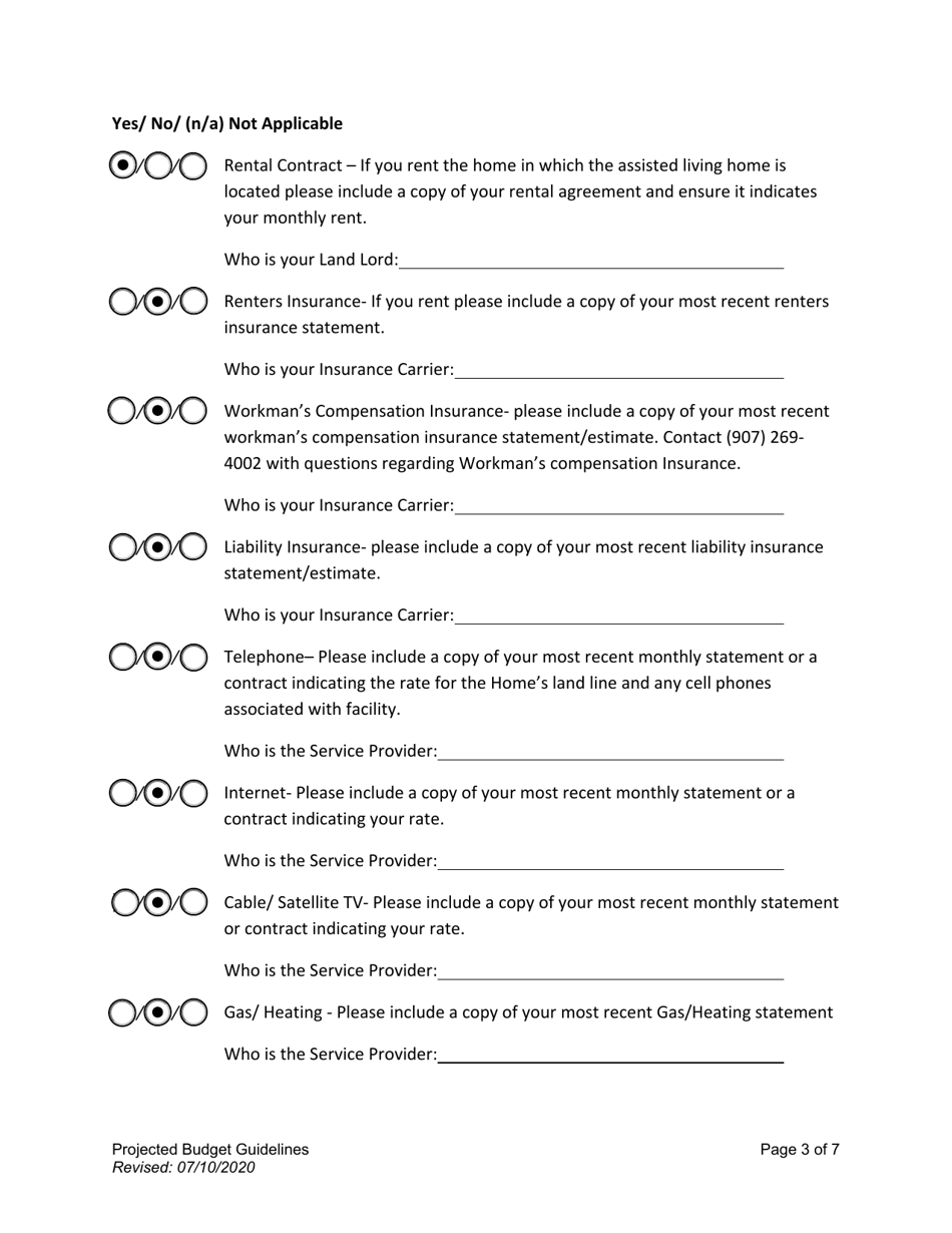 Assisted Living Home Projected Budget Guidelines - Alaska, Page 3